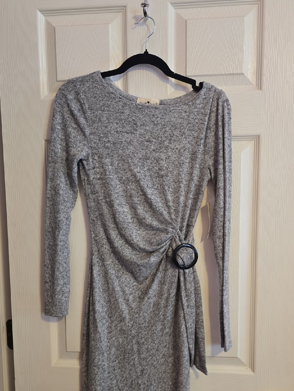 Derek Heart Gray Long-Sleeve Twist-Waist Dress with Ring Detail